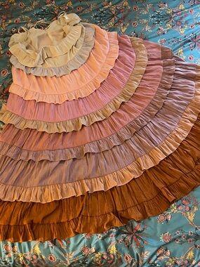 Storia Tiered Ruffle Midi Dress in Cream, Pink, Mauve, Brown